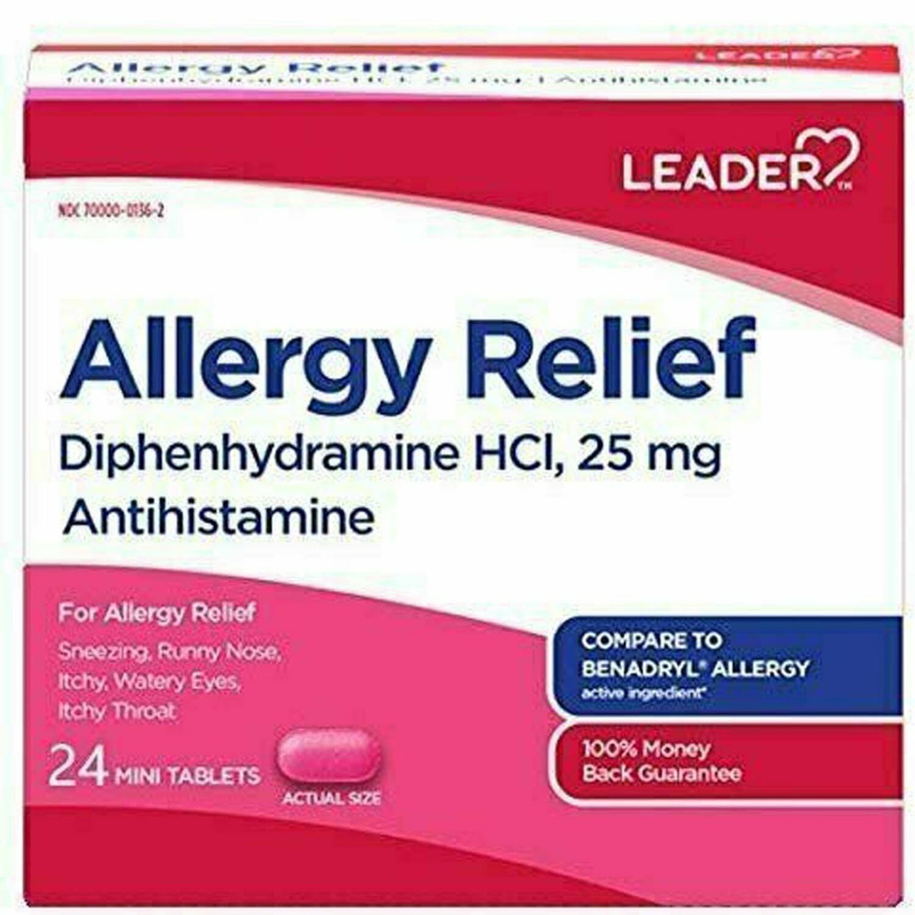 Leader Antihistaminic Alergie Relief Difenhidramină HCl, 25 mg Mini Tablete, 24 Conte