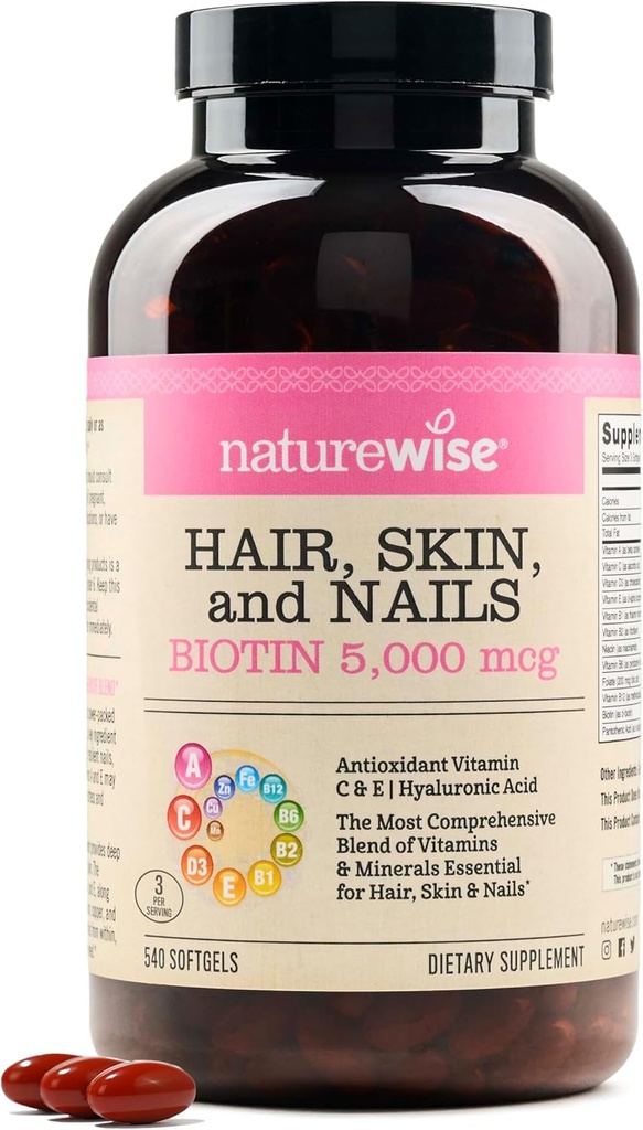 NatureWise Hair Skin and Nails Vitamina, Biotin 5000mcg w/Hyaluronic Acid, Colagen pentru femei cu C, B Complex, D3, A, E, Fier de Fier - Non-GMO, Gluten Free - 540 Softgels[6-Month Supply]