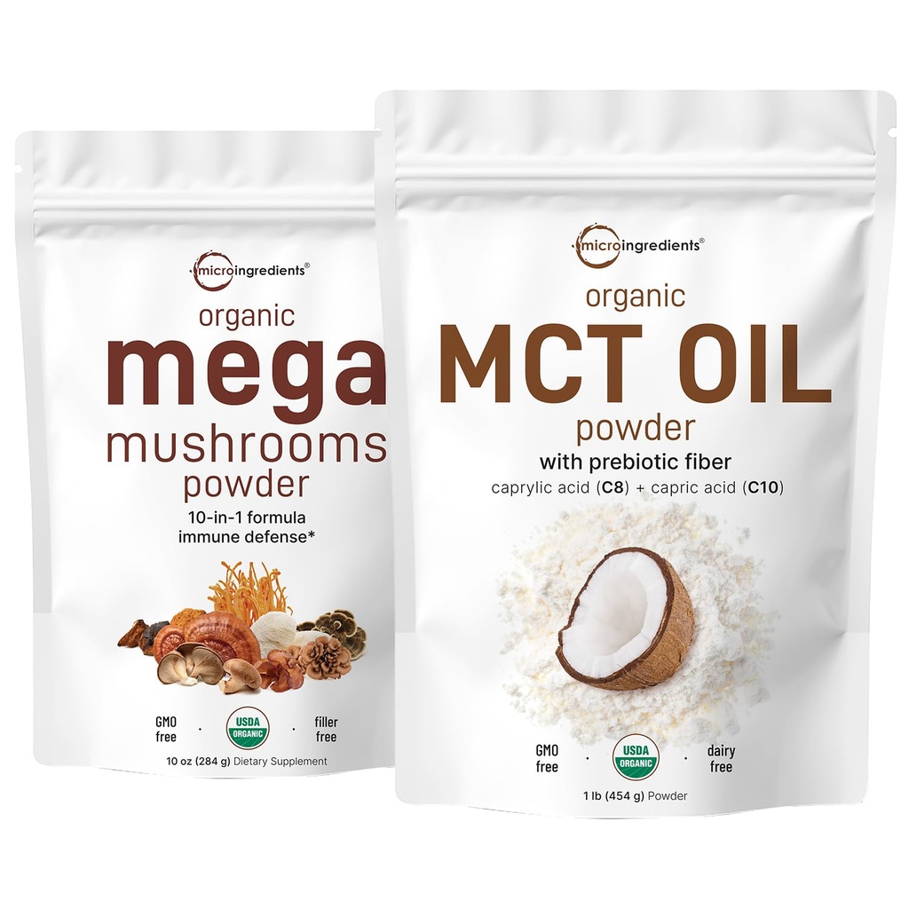 Micro Ingrediente Organic Mega Mushroom Powder 10 oz & Organic MCT Pudră de ulei 1lb Bundle 2 Pachet de 10 în 1 Complex de ciuperci C8 MCT Ulei pe bază de plante