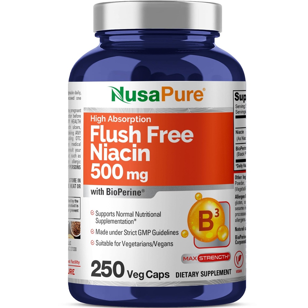 NusaPure Flush Free Niacin 500mg 250 capace (Vegan, Non-GMO & Vegan) Bioperină