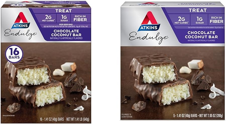 Atkins Endulge Chocolate Coconut Bar 16 Count & 5 Count Bundles, Desert Favorite cu aroma de ciocolata si nuca de cocos, High in Fiber, 1g Sugar per Serving