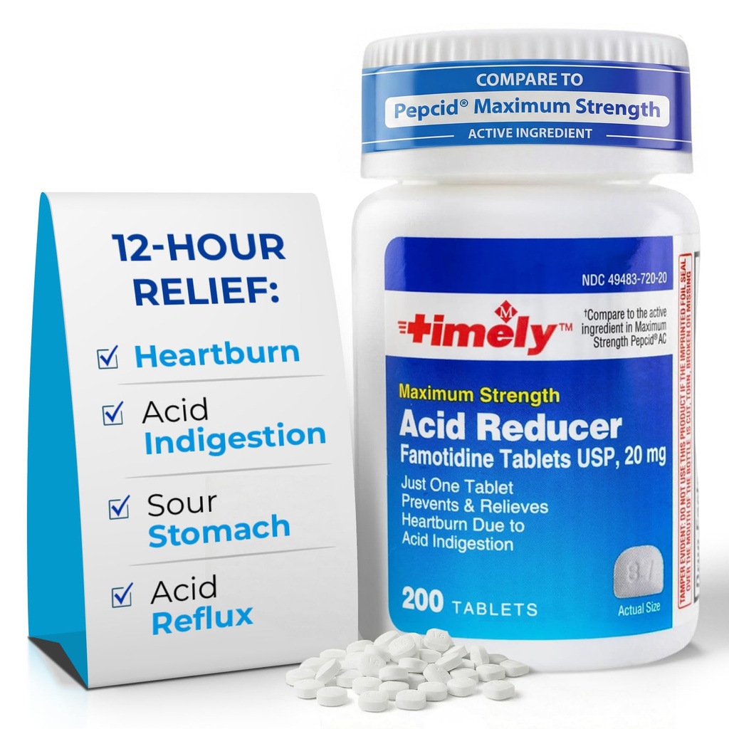 Reductor de acid în timp util Famotidină 20mg - Anatcid Acid Reflux Medicină pentru ameliorarea arsurilor la stomac și acid Indigestie Simptome - 200 comprimate