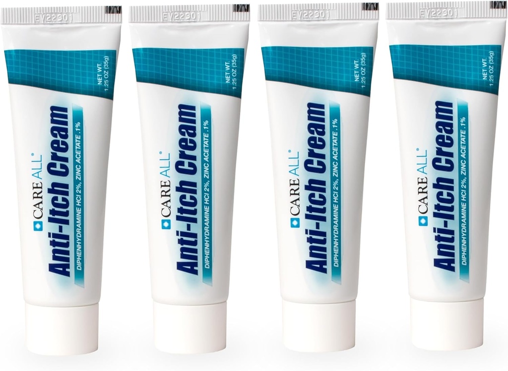 CareAll Anti- Itch Cream 1,25oz (4 Pack) Histamină Blocare, Difenhidramină HCI 2% Analgezice topice & zinc acetat 0,1% Protejant pentru durere temporară și Mâncărime Ajutor de la Itches Outdoor