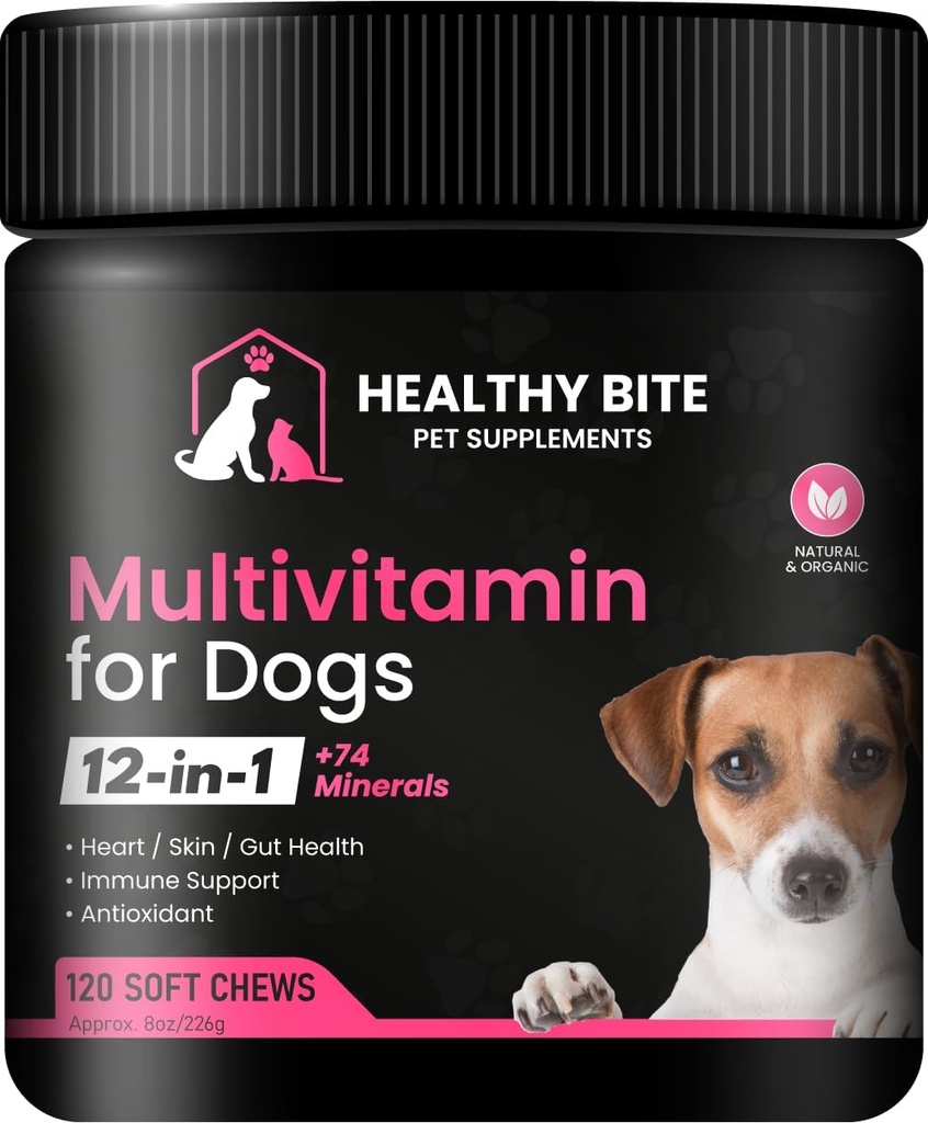 Bite sanatos 12 din 1 Multivitamine pentru câini - Skin and Coat Supplement, Immune Support, Pet Vitamine, Calciu pentru câini Made in USA - 120 Conte
