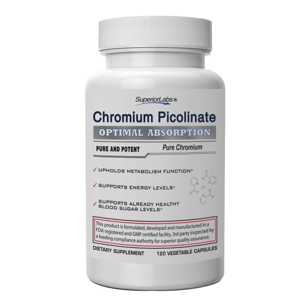 Superior Labs Crom Picolinat 500mcg, absorbţie ridicată, non-GMO, zahăr din sânge şi suport metabolic, greutate şi alimente de management de racire, ajută energie şi insulină sensibilitate, 120 Veg Caps