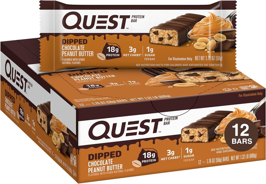 Quest Nutriție Dipped ciocolată Unt de arahide batoane de proteine, 18g Proteine, 1g zahăr, 3g carbohidrați nete, Gluten gratuit, 12 Conte