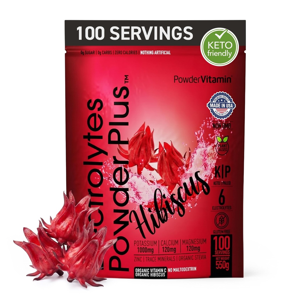 PulbereVitamina Electroliti Pulbere Plus (100 Serviri) Hibiscus Electrolit Pulbere Zero Calorie Keto,0 Zahăr, Nu Maltodextrin,1000mg Potasiu,120mg Calciu,120mg Magneziu, Pulbere de hidratare