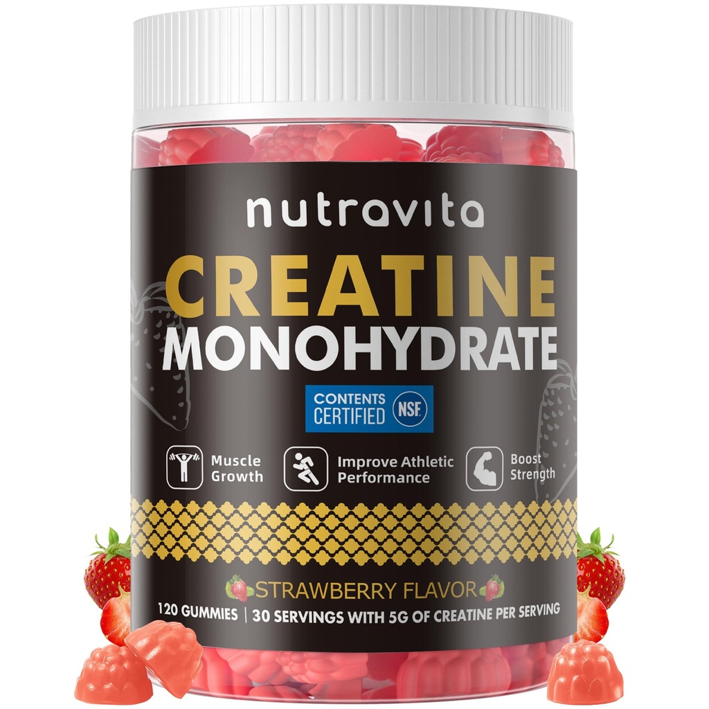 Nutravita NSF Certified Creatine Gummy - Creatine Monohidrat Gummies for Men & Women-5g of Creatine Monohidrat per Serving - Sugar Free, Vegan, Strawberry Flavor, 120 Count