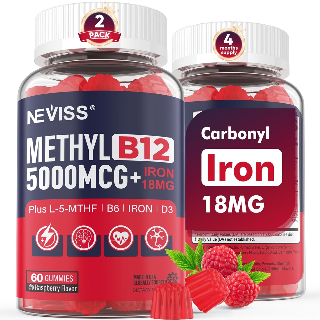NEVASS Metil B12 Vitamine 5000 mcg Gummies + Fier 18 mg pentru femei - metilcobalamină activă metilat B12 Suplimentul de vitamine w/L-metilFolat, B6 (P5P) & D3 pentru energie și sprijin de focalizare, 120 Serviri