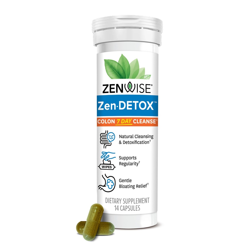 Zewise Health 7-Day Colon Detox Cleanse for Digestive Health - Gut Detoxifiere pastile pentru Digestion & Bloating Relief - Herbal Blend with Psyllium Husk, Senna Leaf, Bromelain, ACV & Probiotice - 14 Conte