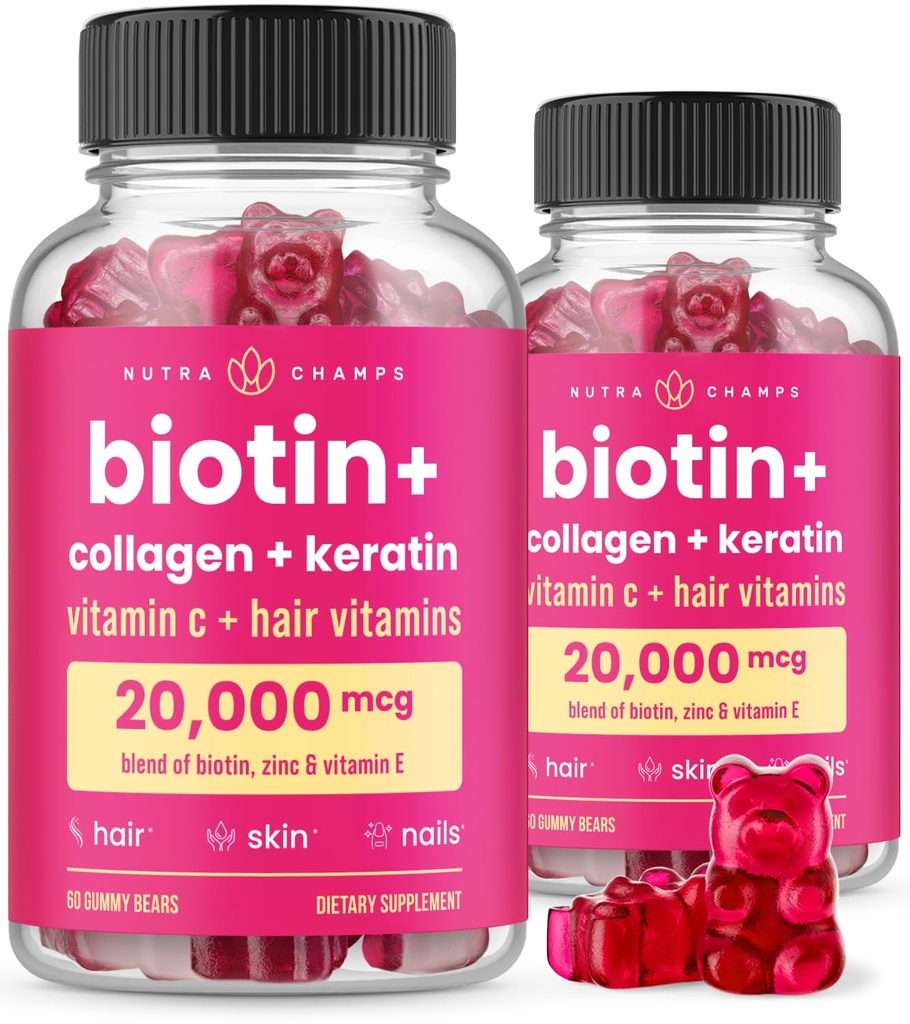 NutraChamps Hair Skin & Nails Gummies, Biotina cu Colagen & Keratina, 5000mcg Biotin Beauty Complex, Suplimentul de vitamine, Berry, 120 Conte, Sanatos Par, Radiant Skin & Strong Nails (Pachet de 2)