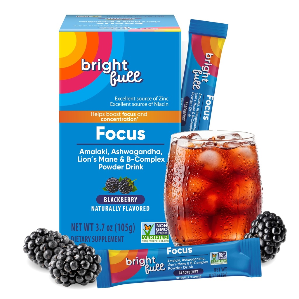 Supliment Focus Sugar Free Dietary Supplement Drink Mix cu Ashwagandha, Leu, B Vitamine B1 B2 B3 B5 B6 B12, pentru performanță cognitivă și Clarity BlackBerry, 21 zile de aprovizionare
