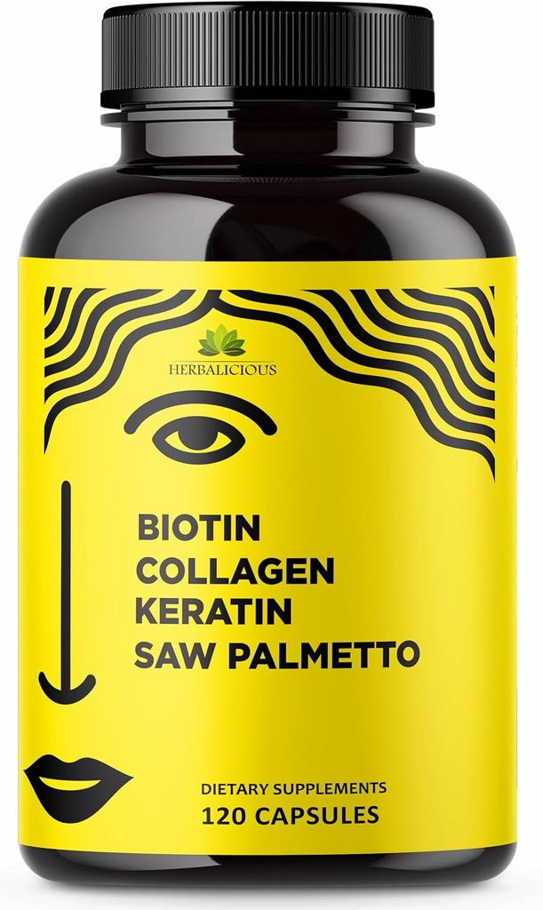 Vitamine HERBALICIOUS Biotin cu colagen, Keratin & Saw Palmetto pentru femei și bărbați - Biotin 10000 mcg unghii de păr cu unghii Supliment pentru păr, piele, și unghii Wellness - Made in USA, 120 capsule