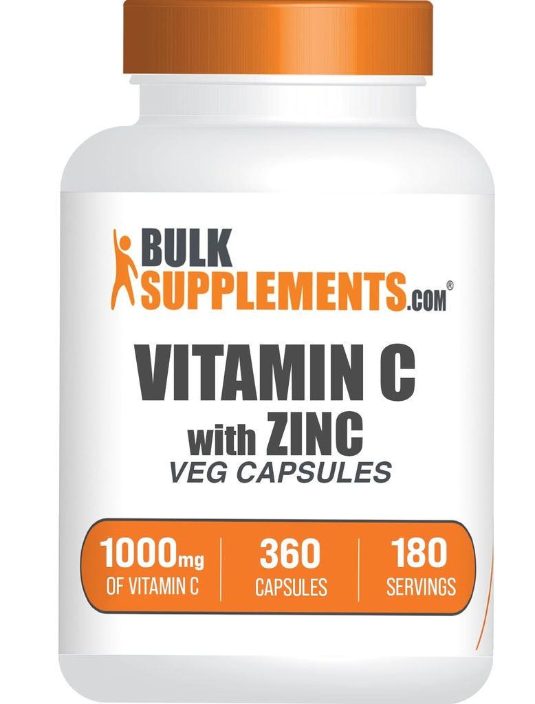 BulkSupplements.com Vitamina C cu capsule de zinc - vitamina C 1000mg & Zinc 15mg, pentru suport imun - Vegan, 2 capsule per Serving, 360 Veg Count (Pachet de 1)
