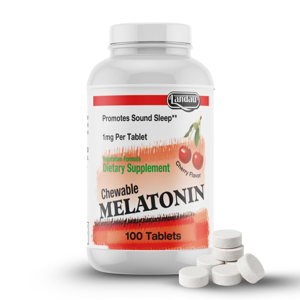 LANDAU Melatonină masticabilă pentru copii - 1mg Melatonină în doză mică de Melatonină Ajutor pentru somn pentru copii - Kosher & Made în Statele Unite ale Americii - Easy-to-Take Natural Cherry Flavor Melatonin Ajutor pentru somn pentru copii mici, Copii & Adulți (100)
