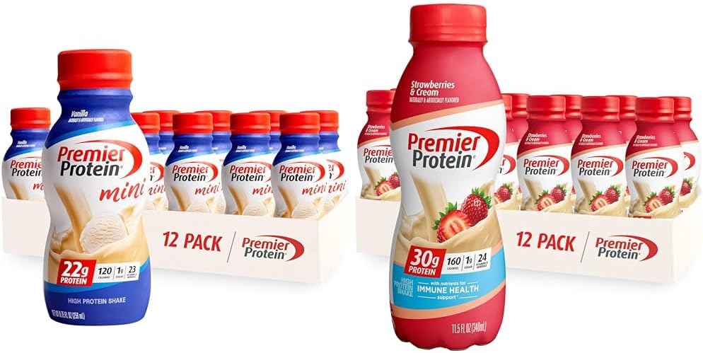 Premier Proteine Shake MINIS Vanilla 22g Proteina 120 Calorii Pachet de 12 & Capsuni Premier Proteina Shake 30g Proteina 160 Calorii Pachet de 12