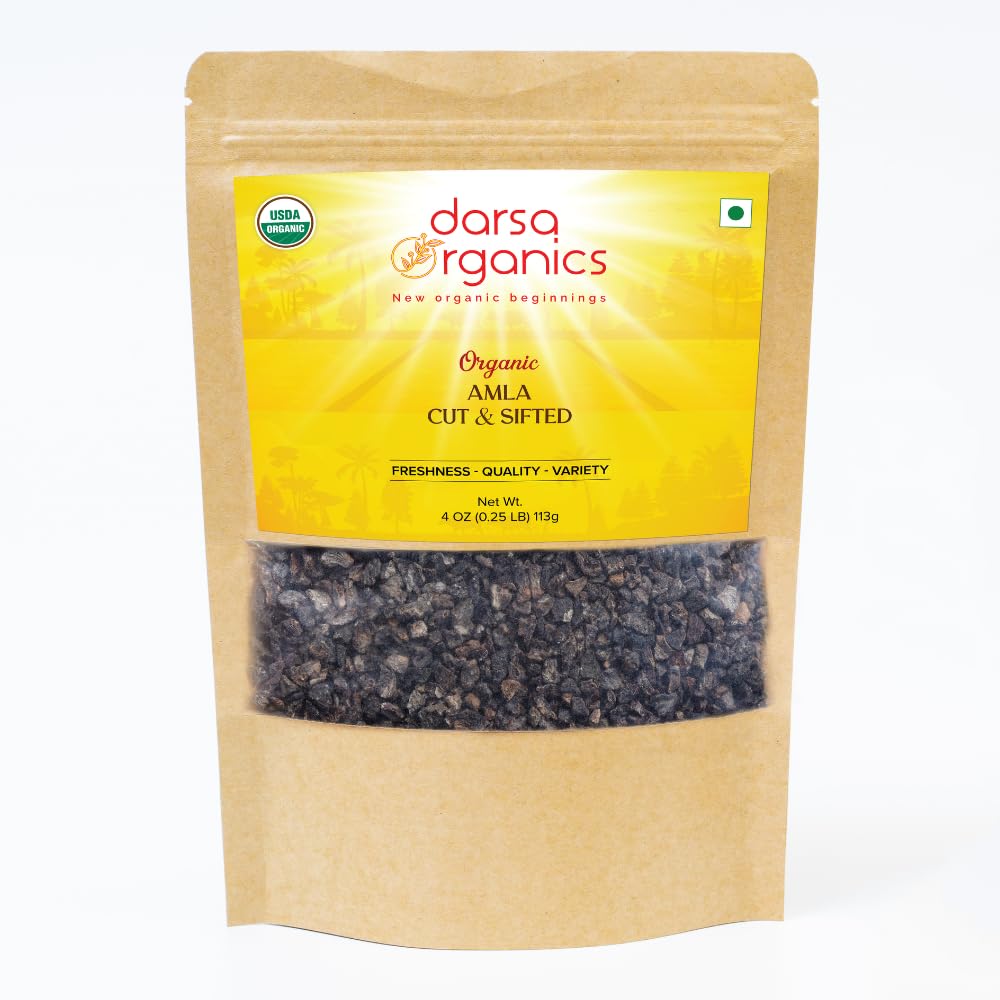 Darsa Organics Indian Gooseberry, Uscat Amla Cut & Sifted 4oz - USDA Organic Amla pentru Ceaiul Herbal, Rețete sănătoase, Creșterea părului și imunitatea, bogat în vitamina C și antioxidanți, Vegan, non-GMO, Gluten Free, Kosher