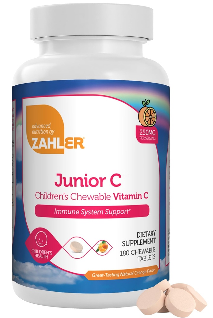 Zahler Junior C Advanced Chewable Vitamina C pentru copii - Immune Support Vitamine pentru copii in Delicious Orange Flavor - Kosher Kids Vitamina C pentru imunitate - Vitamina C Antioxidant mestecat - (180 Count)