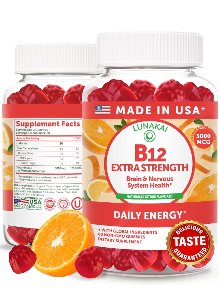 Lunakai Extra Putere 3000mcg Vitamina B12 Gumies - Statele Unite ale Americii Made, Delicious Daily Energy & Metabolizare Suport - Vegan B12 Metilcobalamină Supliment 60ct