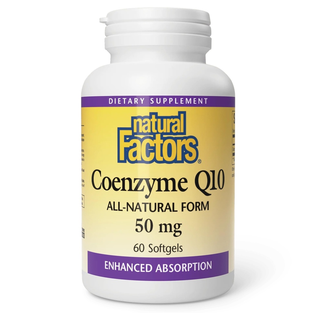 Factori naturali Coenzima Q10 - Suplimentul de suport antioxidant susține producția de energie celulară - o mai bună absorbție ajută funcția cardiacă sănătoasă - 50 mg, 60 Softgels (60 Servings)