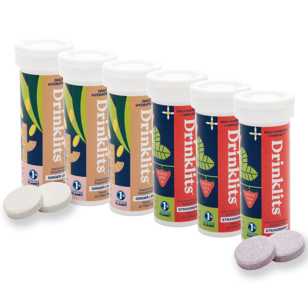 Drinklits Ginger-Lime Electrolit Hidratare și Căpșuni Tablete Imunitate (6) Tube Combo Pack 