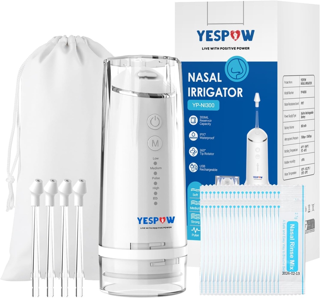 Sistem de irigatii nazale - YESPOW Electric Neti Pot Nas Curatare Nas - Sinus Clătire Masina cu 4 Moduri pentru Spălarea Nasului - Irigator Nasal cu 40 Pachete Saline pentru Sinus Flush si Relief