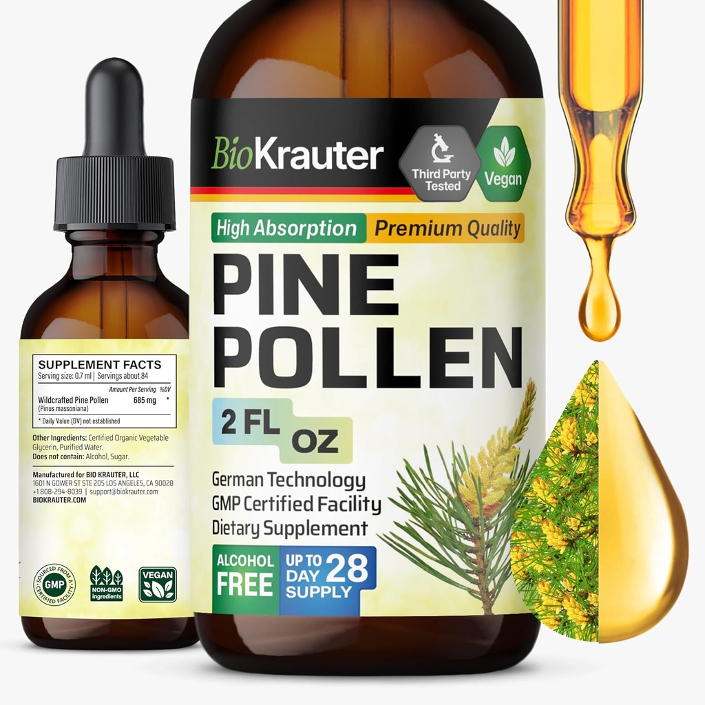 BIO KRAUTER Pine Polen Tincture - Pine Polen Powder Extract lichid pentru suport imunitar - Alcool și zahăr supliment natural gratuit Herbal - 2 Fl.Oz.