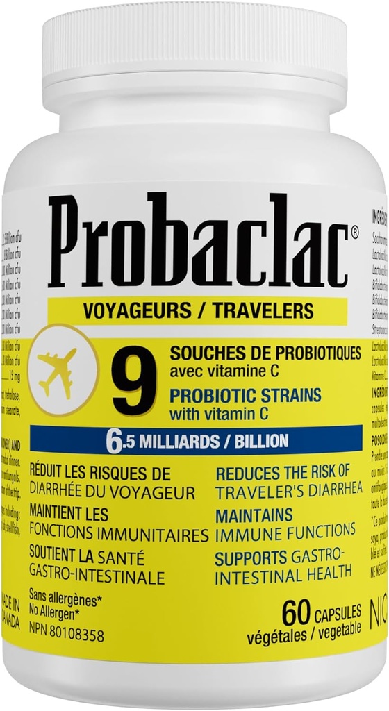 Natural Travelers Probiotice, reducerea riscului de diaree, Conține vitamina C, suport imunitar, gluten gratuit, dimensiune de călătorie, vacanță, Cruise și avioane de călătorie esențiale, Vegan, 60 capsule