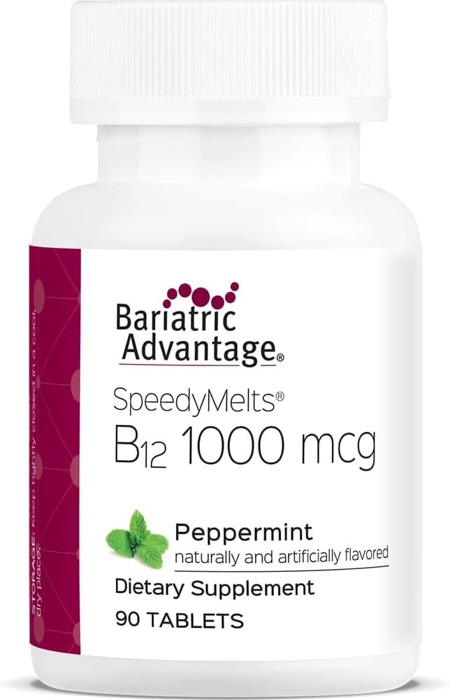 Avantaj bariatric B-12 Melts Speedy, Vitamina B12 1000 mcg Supliment, Topire rapida cu 200 mcg de acid folic pentru suport nutritional - Menta, 90 Conte