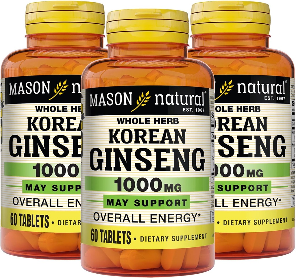 MASON NATURAL Coreean Ginseng 1000 mg, susţine energia, rezistenţa şi vitalitatea, 60 comprimate, ambalaj cu 3 comprimate
