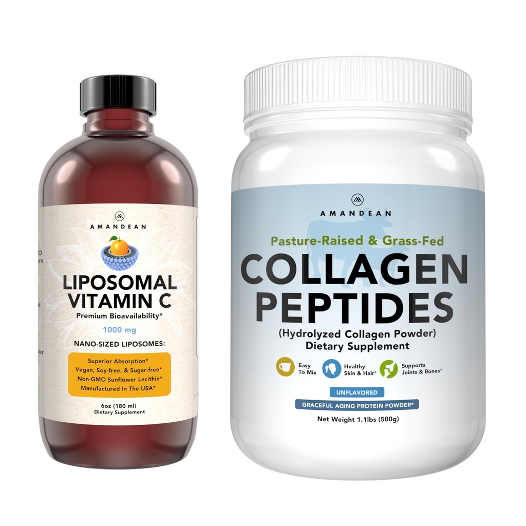 AMANDEAN Premium Liposomal Vitamina C & bovine Colagen Peptides Bundle. Antioxidant puternic. Liquid Quali-C. Grass-Fed Colagen. Hidrolizat Tip 1 & 3. Suport imun. Piele sănătoasă, păr și unghii