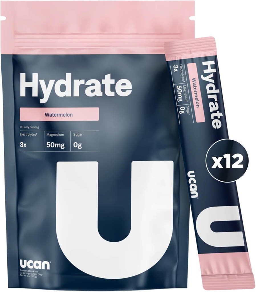 UCAN hydrate Electrolyte Drink Mix (Watermelon, 12 Stickpacks) Zahăr-free, Keto-Friendly, Vegan, Non-GMO, Gluten-Free Electrolit pulbere cu potasiu & Magneziu pentru alergători și sportivi