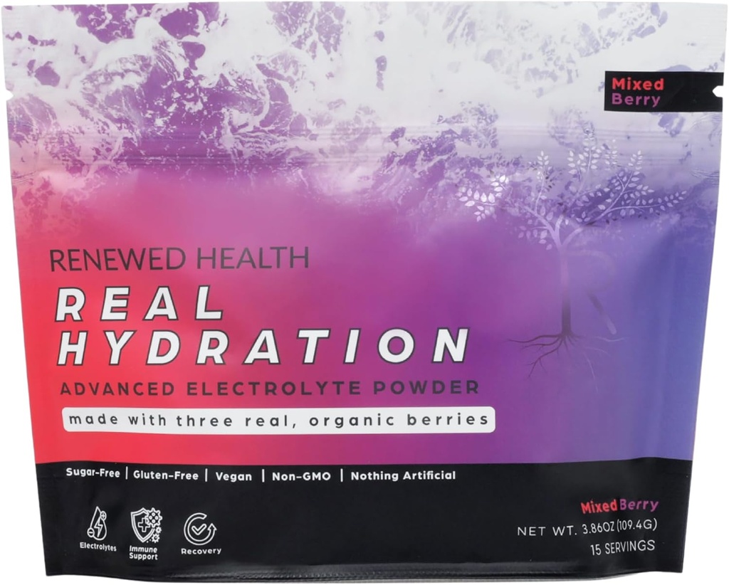 Hidratare Reală - Mix electrolit organic pe bază de fructe - Made with organic Fruits & Pink Salt - Zero Sugar & Vegan - Hydration, Immune & Recovery Support (15 Servings, Mixed Berry)