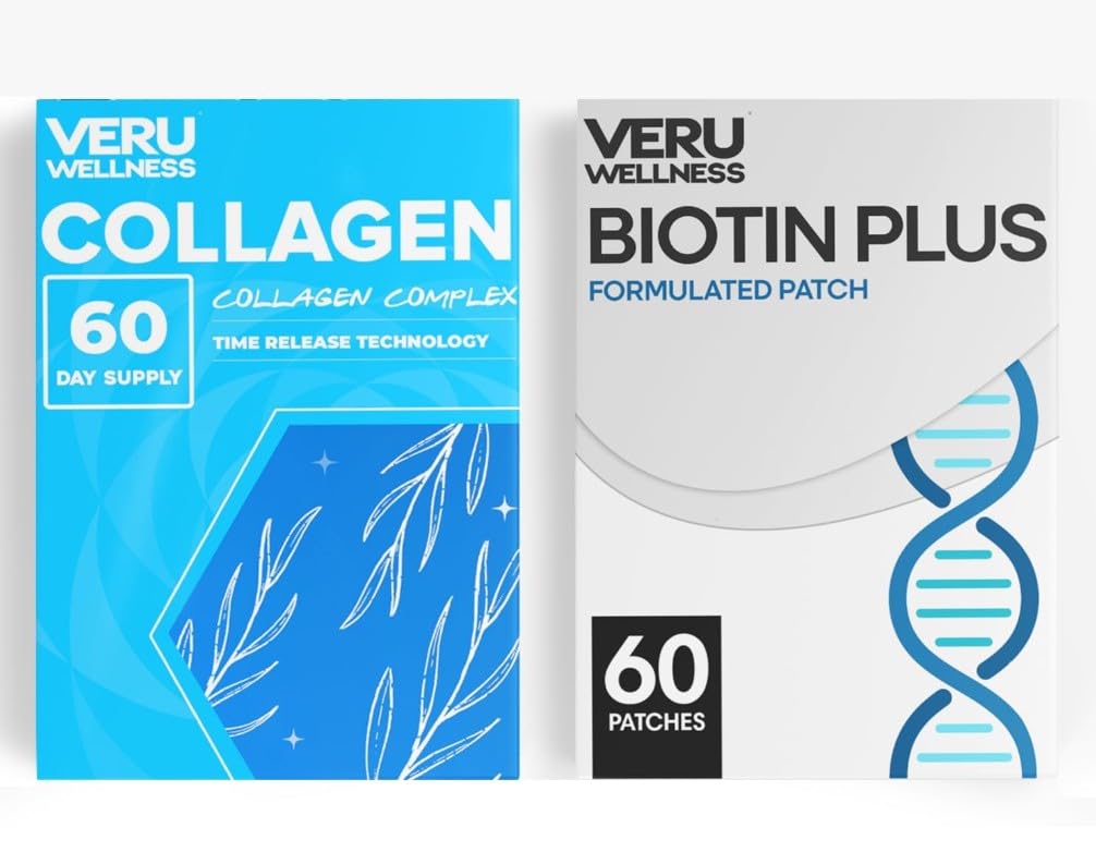 Veru Wellness Hair Skin Nail Duo Lifestyle Patches - Biotin Colagen - Self Adhesive Time Release Topical Patch, 8-10 ore (60 zile de aprovizionare)