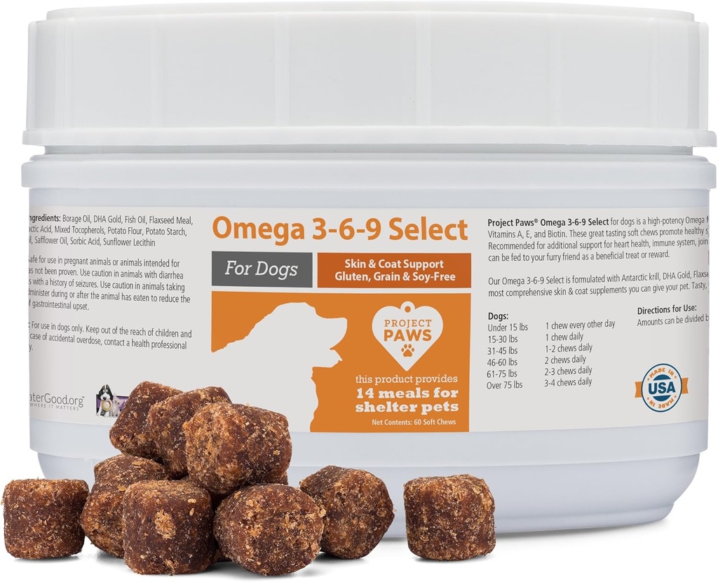 Proiect Paws Omega 3-6-9 Selectaţi ulei de peşte pentru câini - Krill Oil Skin and Coat Supplement - 60 Conte
