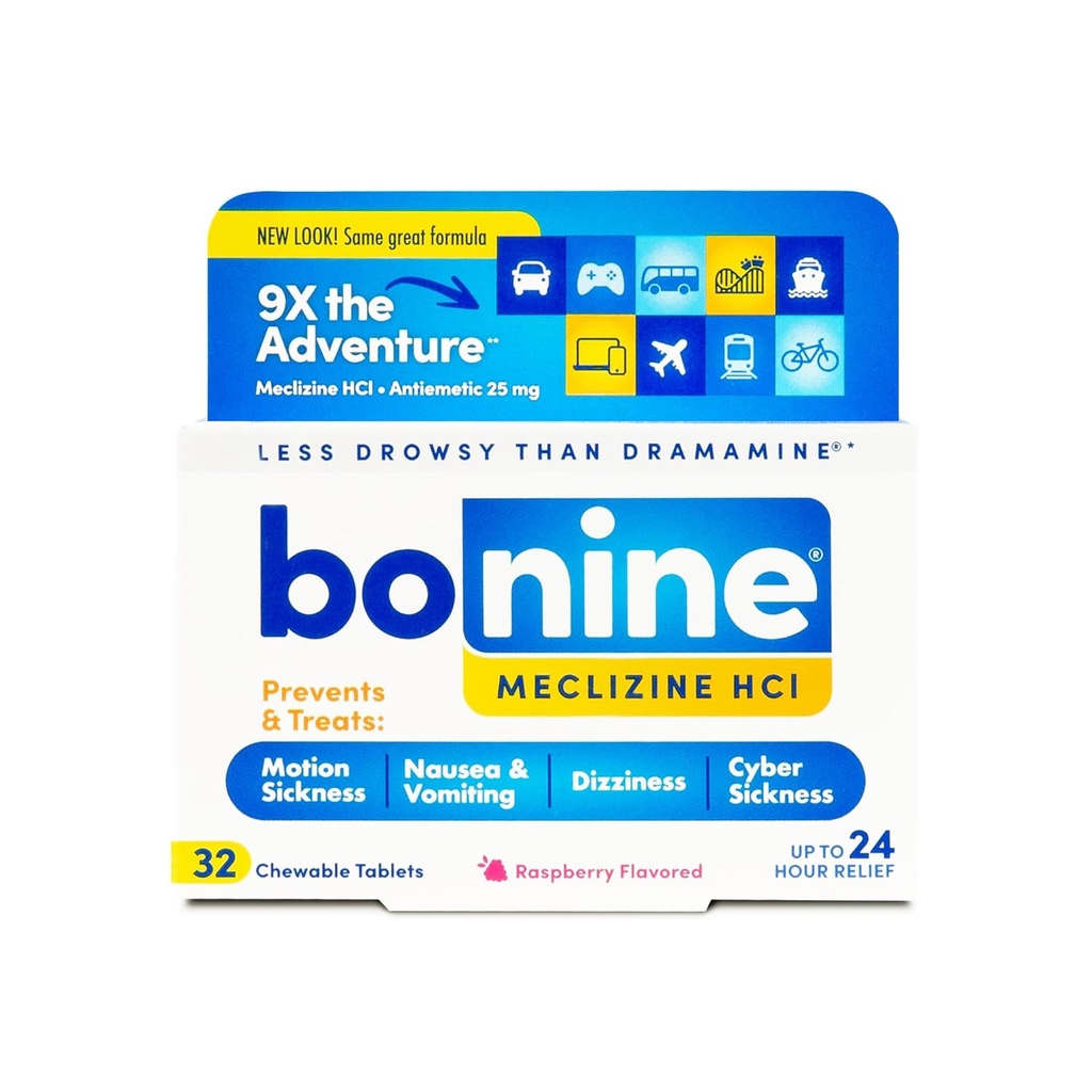 Bonine non-Drowsy Motion Relief de boală - Tablete masticabile cu Meclizine HCL 25mg - non Drowsy Medicina pentru greață sau mișcarea de boală - Cruise Essentials - Aroma de zmeură, 32 comprimate masticabile