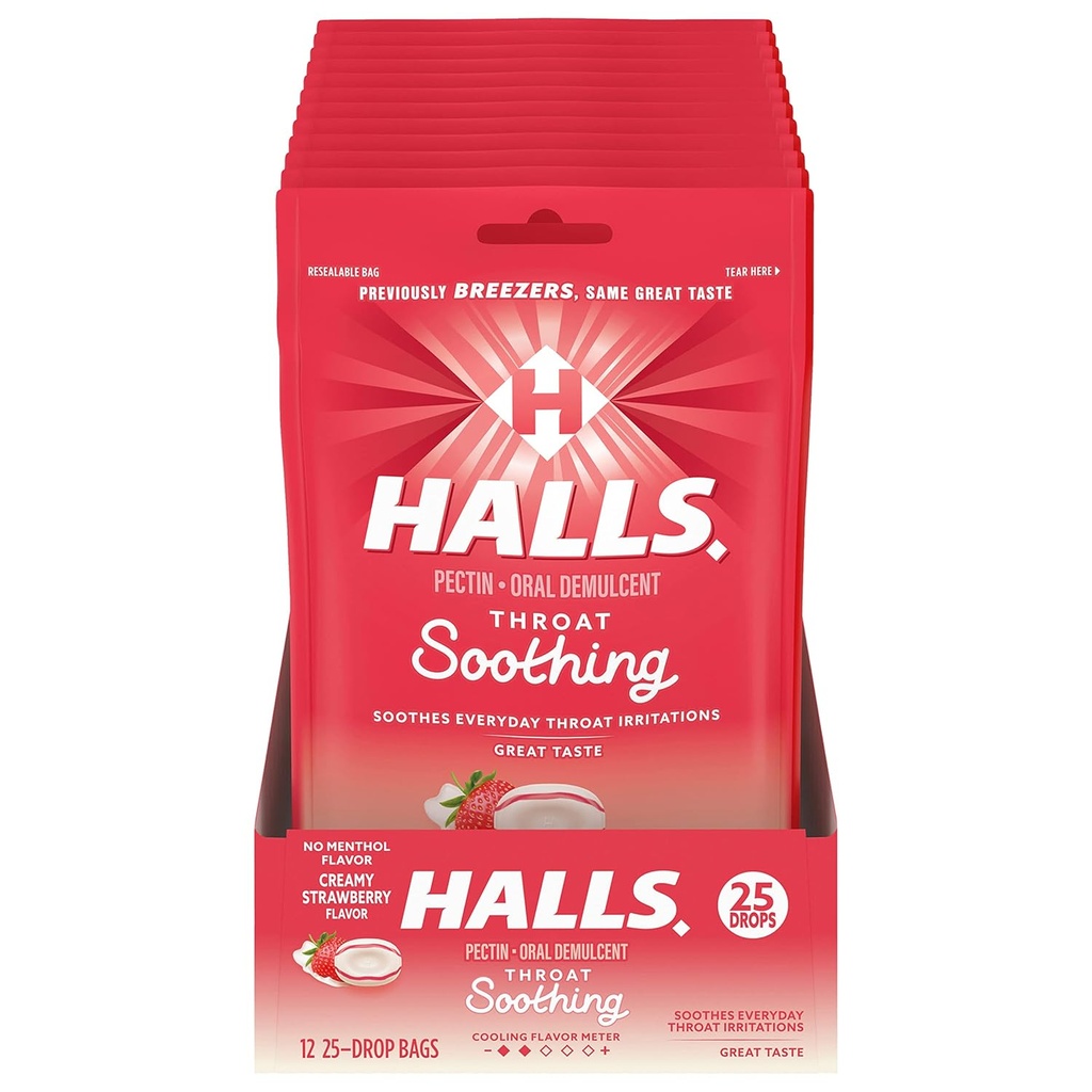 Halls gât soothing (precedent HALLS Breezers) Cremy căpșuni picături de gât, 12 saci de 25 picături (300 picături totale)