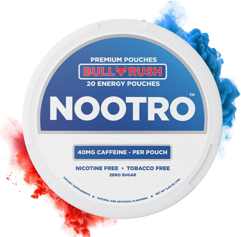 Nootro Energy Poches with Caffeine, Nootropic Pouches, 40 mg Natural Cafeine, Vitamina B6, Magneziu, Zahăr Free, No Nicotine Poches, Tobacco Free, 20 Poches Per Can, 1 Pack (Bull Rush)