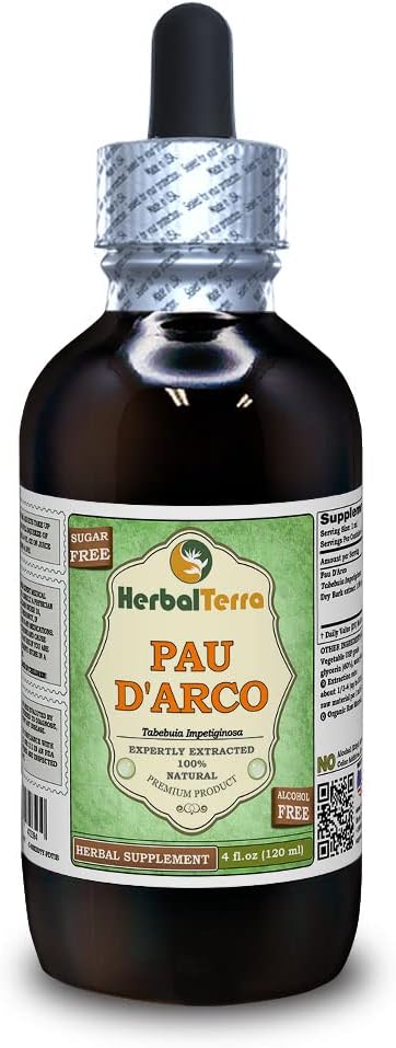 PAU d'arco (Tabebuia Impetiginosa) Glicerite, Extract lichid fără alcool din barcă uscată (Brand Name: HerbalTerra, Proudly Made in USA) 4 fl.oz (120 ml)