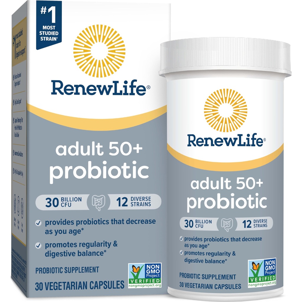 Reînnoirea vieții Probiotic Adult 50 Plus Capsule Probiotice, Suplimentul zilnic sprijină urinare, Digestive și Immune Health, L. Rhamnosus GG, lactate, soia și gluten-free, 30 miliarde CFU, 30 Conte