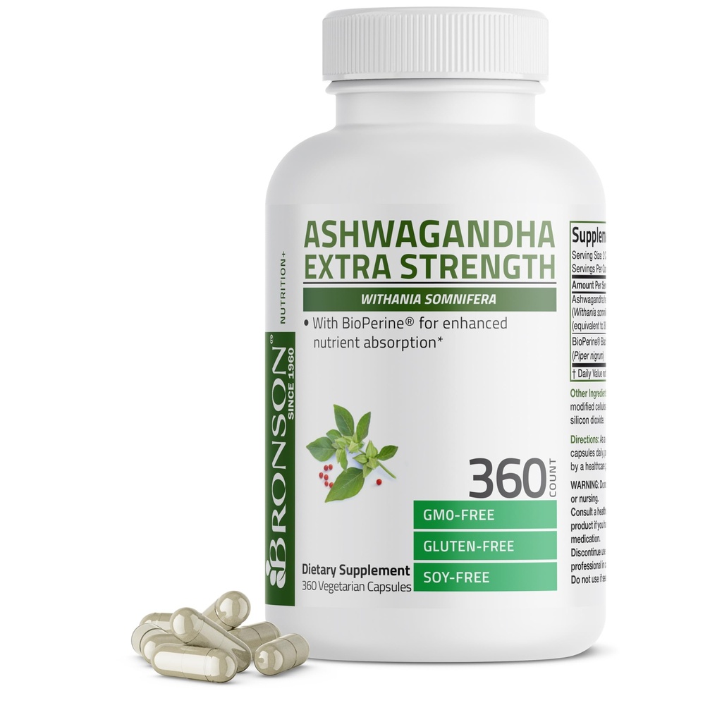 Bronson Ashwagandha Extra Putere Stres & Mood Support cu BioPerine - Formula non OMG, 360 Capsule vegetariene