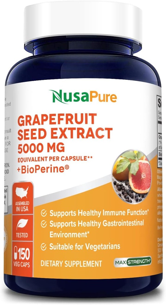 NusaPure Grapefruit Extract 5000 mg per capsulă (Extract 10:1) Bioperine 150 Veggie capse (Vegan, Gluten Free, Non-GMO)