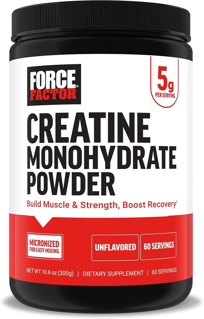 Force Factor Creatin Monohidrat pulbere, 5g Doza Micronized pentru a sprijini cresterea musculara, Putere, Recuperare, Cognitive Health & Memory, Nearomated, 60 Serviri