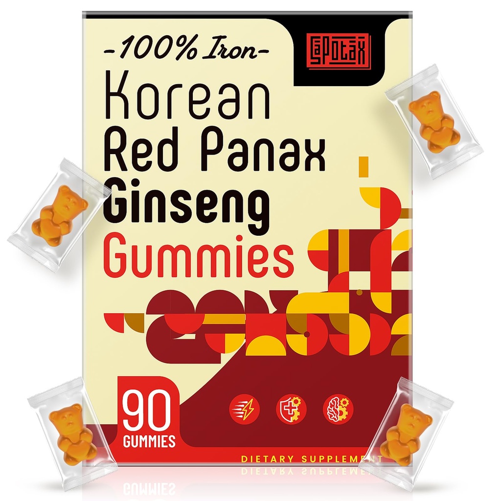 Coreean Red Panax Supliment Gummies - Suplimente de fier pentru femei si barbati - Gume de fier cu vitamina C, B6, B12, Potasiu & Magneziu, Vegan - 90 Conte