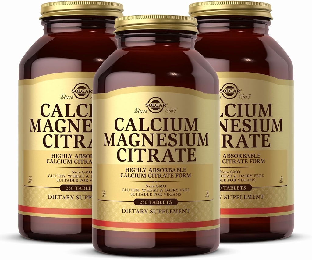 Solgar Citrat de magneziu de calciu, 250 comprimate (Pachetul de 3) - Suportă oase sănătoase și dinți - suport de sistem musculo-scheletic și nervos - extrem de absorbabil - non-GMO și Vegan - 150 Serviri totale