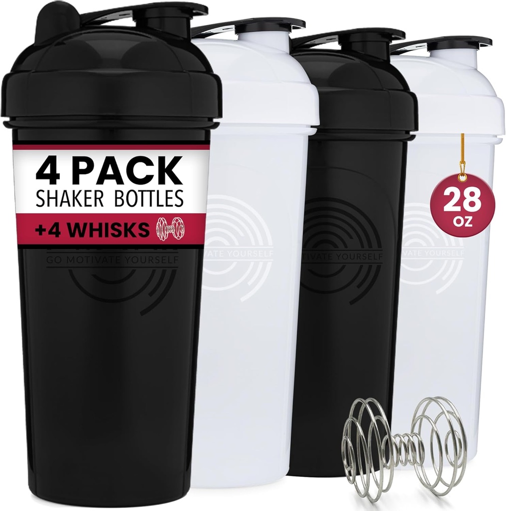 GOMOYO 4-Pack - 28 Ounce Proteine Shaker Sticla pentru amestecuri, 4xWire Whisk, Leak Proof Suplimentul de vrac Mixuri și Cupe de Shaker înainte de lucru, Spălător de vase de siguranță & BPA gratuit, negru și alb