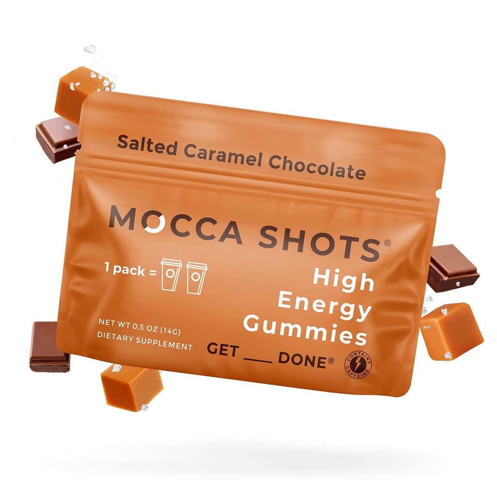 SGC Concentrație cea mai mare 100mg Cafeina per Gummy, 2 Gummies per Pack, 6-Pack Mocca Shots sared Caramel Plant-Based nootrop Instant Energy cu Ginkgo biloba, Theobromine.