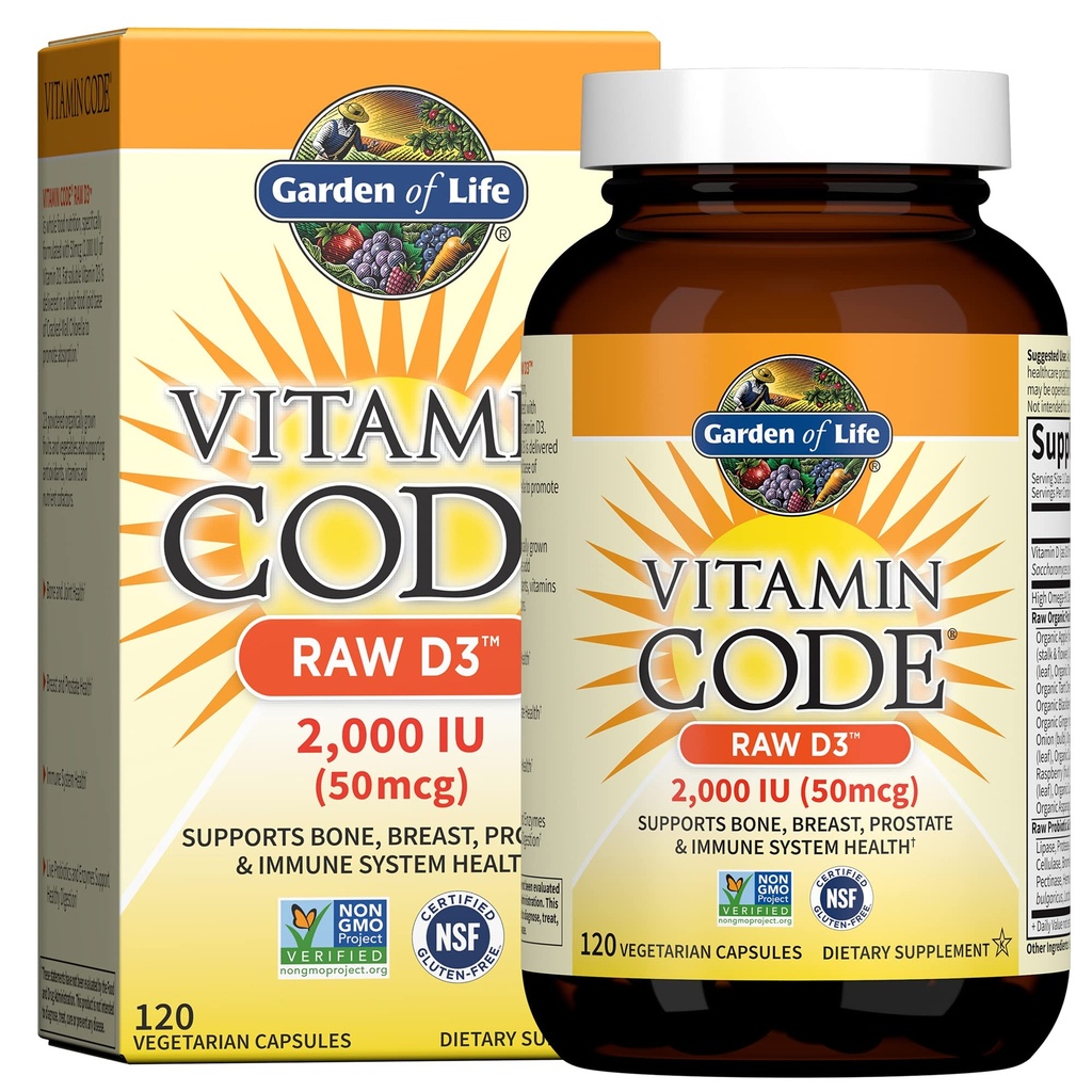 Gradina de viata Vitamina D, Cod Vitamina Raw D3, Vitamina D 2000 UI, Alimente integrale brute D3 Suplimente cu Chlorella, fructe, legume si probiotice pentru sanatate ososa si imuna, 120 Capsule vegetariene