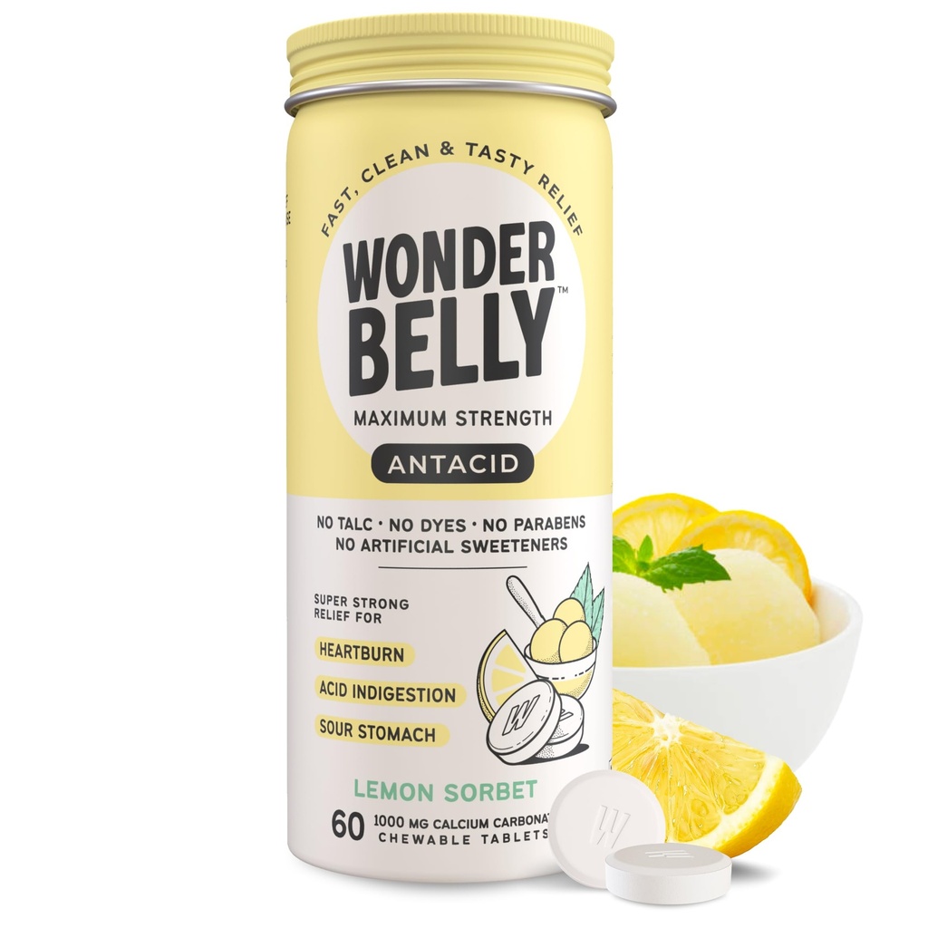 Wonderbelly Antiacid, Eficientă Arsuri la stomac și Acid Instant Indigestie Relief, Extra Putere Chewable Tablets, 1000 mg carbonat de calciu, Nu Talc sau Dye, Lemon Sorbet, 60 Conte