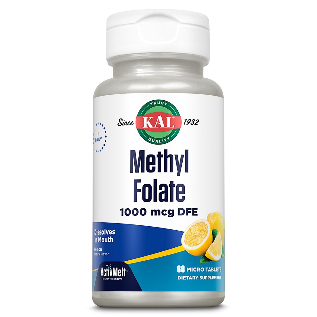 KAL Metil Folate 1000 mcg, 5-MTHF Active Form, Folic Acid Supliment, Heart Health, Prenatal, Mood and Brain Support, Vegetarian, Natural Lemon ActivMelt, 60-Day Guarantee, 60 Serv, 60 Micro Tablete